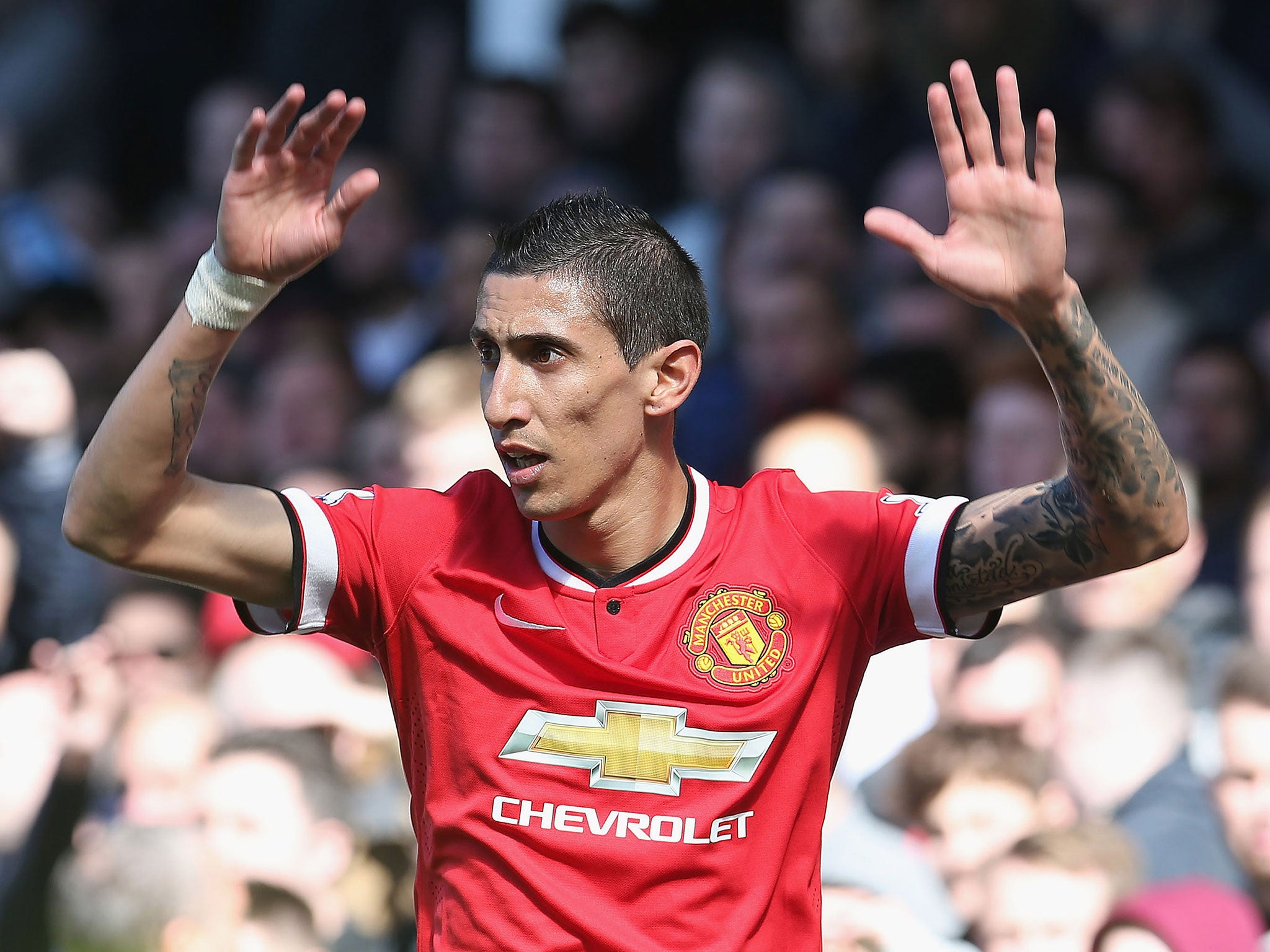 Angel Di Maria gestures during a game for Manchester United