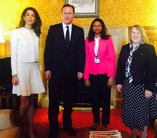 Amal Clooney meets David Cameron in Parliament to discuss her campaign to free the jailed president of Maldives, Mohamed Nasheed