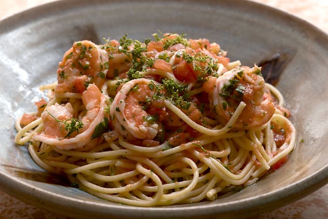 Pasta and prawn salad is a great way to use the shells from seafood