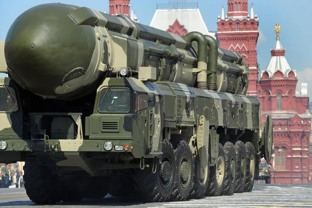 A Topol-M intercontinental ballistic missile, capable of delivering multiple nuclear weapons, is paraded through Moscow's Red Square in the 2009 Victory Day parade