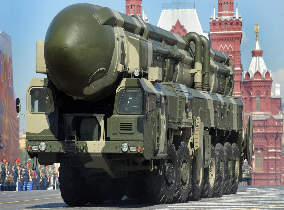 A Topol-M intercontinental ballistic missile, capable of delivering multiple nuclear weapons, is paraded through Moscow's Red Square in the 2009 Victory Day parade