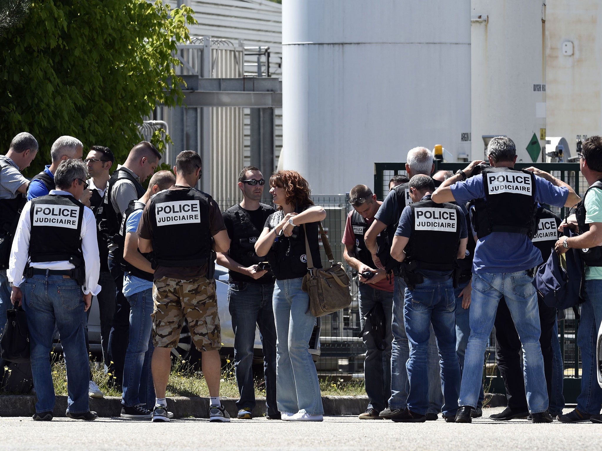 French police secure the entrance of the Air Products company in Saint-Quentin-Fallavier, near Lyon