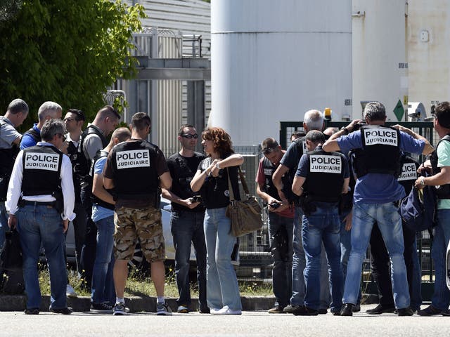 French police secure the entrance of the Air Products company in Saint-Quentin-Fallavier, near Lyon 