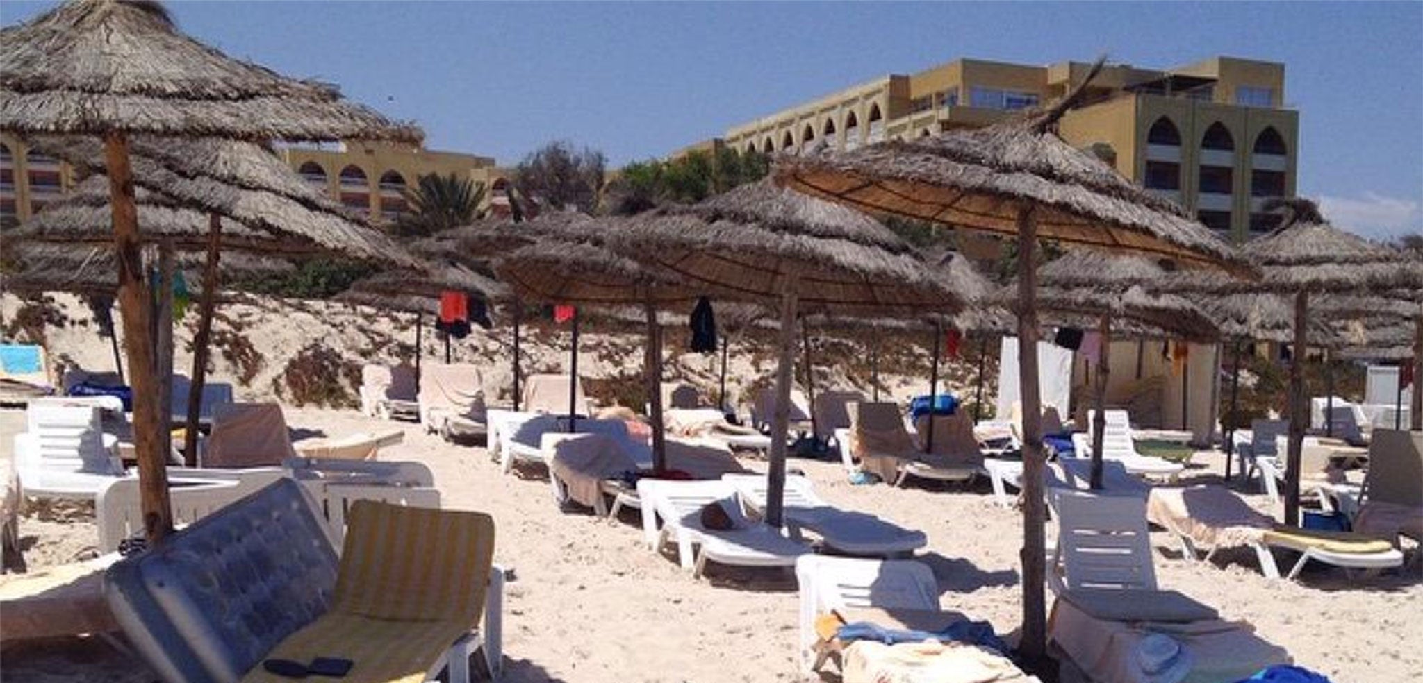 A beach in al-Sousse, 150 kilometers fromTunisia, where unknown assailants detonated at least one bomb then opened fire on tourists at two hotels