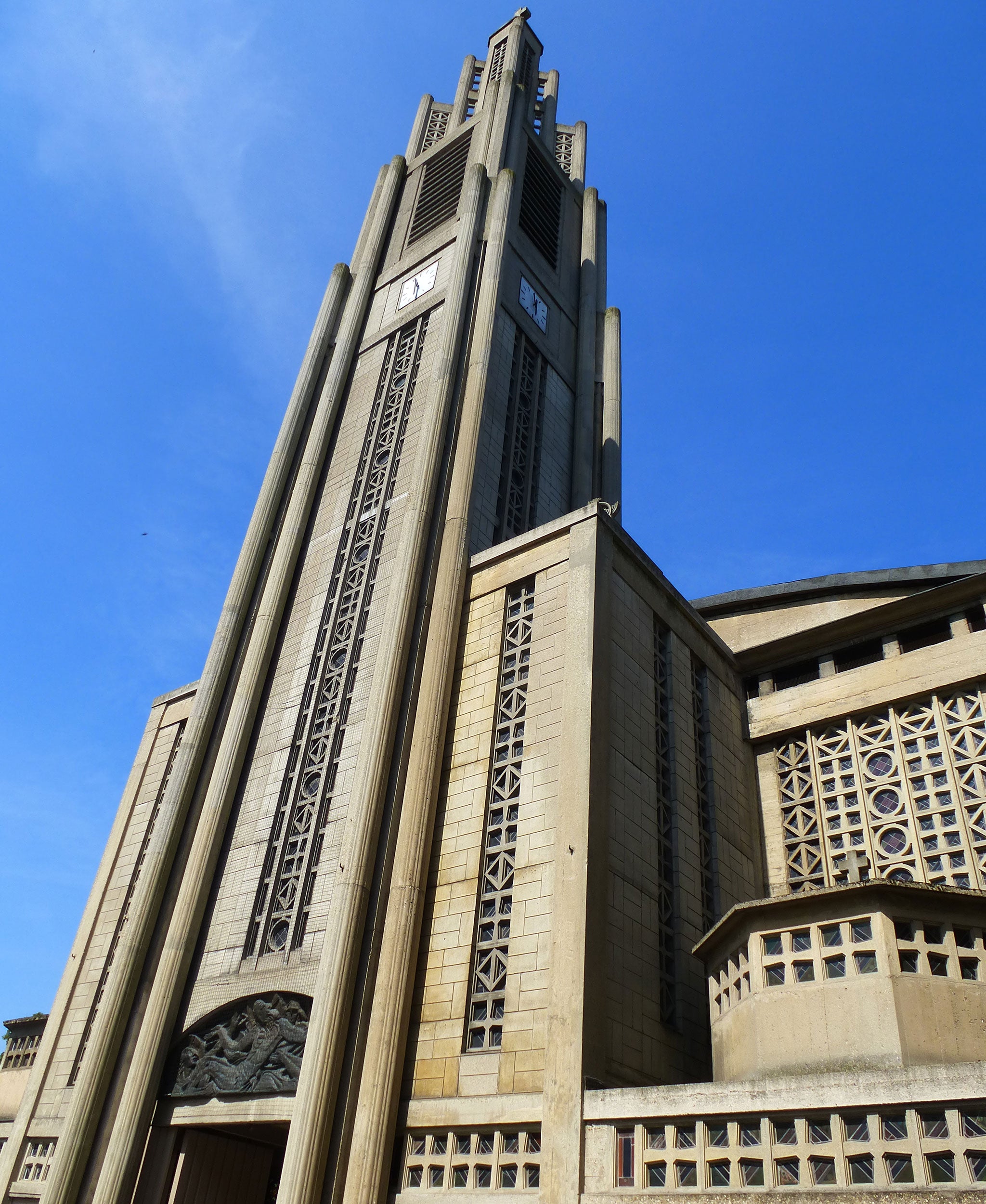 The concrete facade of the Notre-Dame du Raincy cathedral, in Le Raincy, in the eastern suburbs of Paris