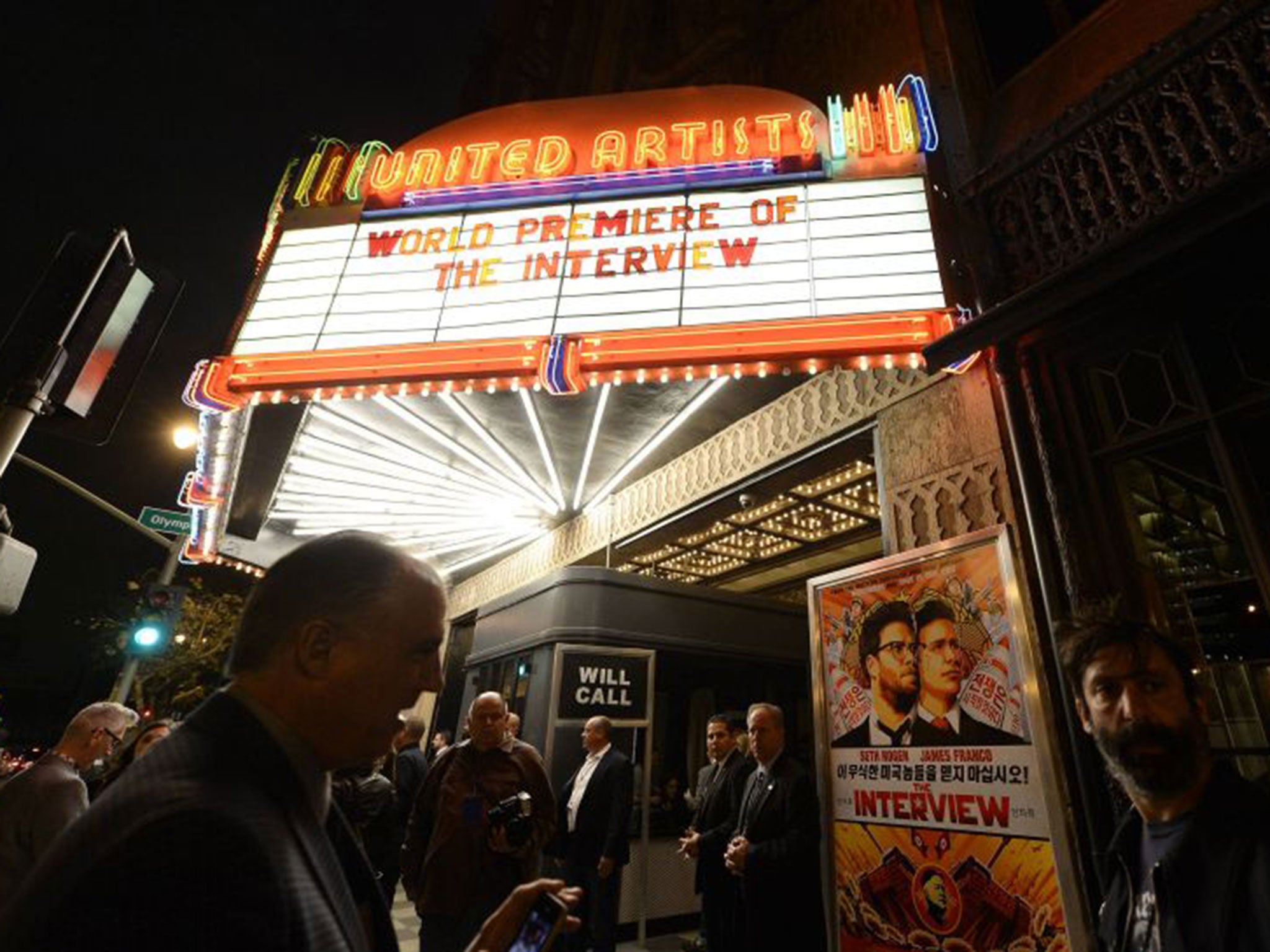 Heavy security surrounds the entrance of United Artists theater during the premiere of the film "The Interview" in Los Angeles