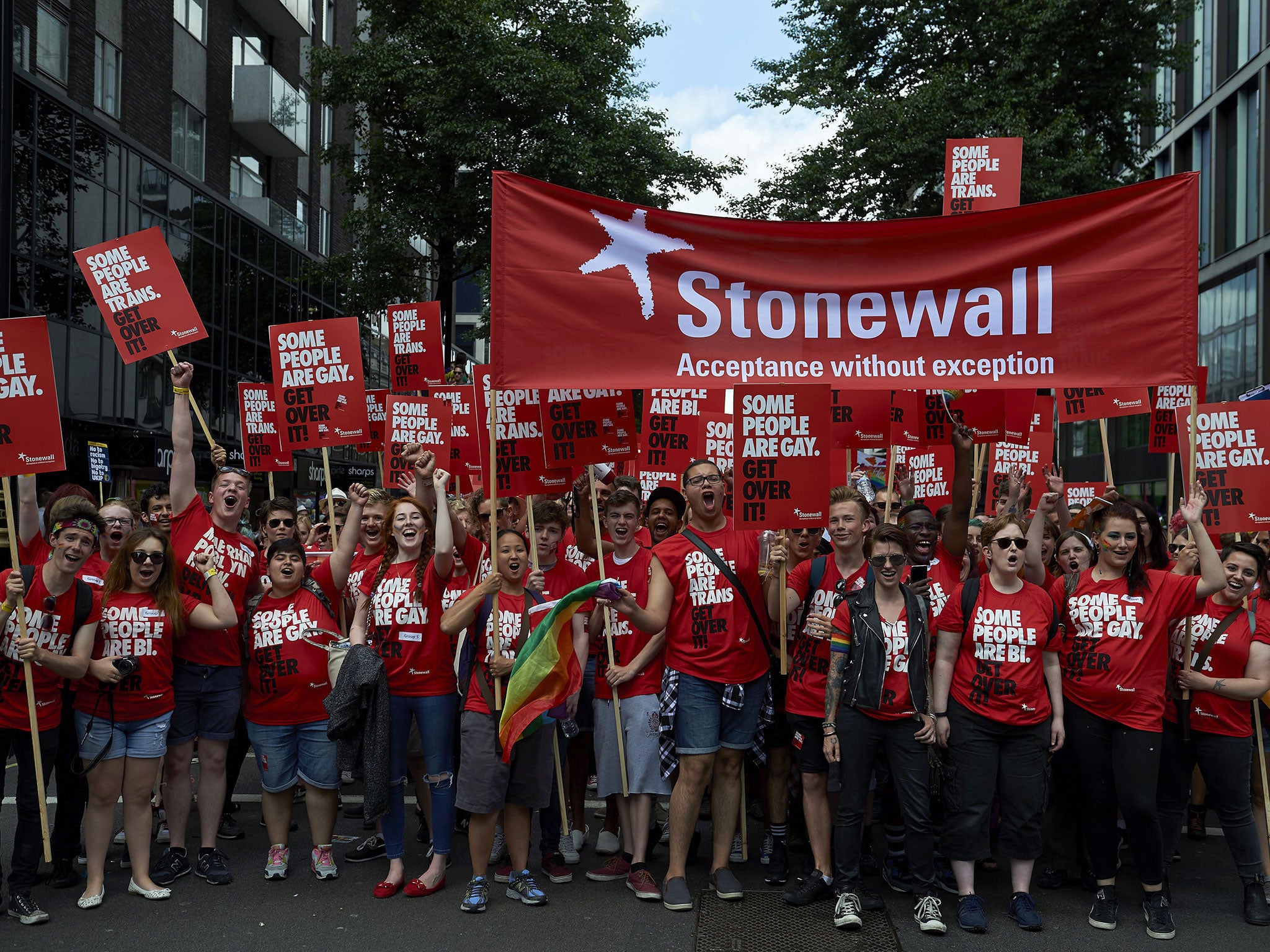 Members of 'Stonewall', who work for equality and justice for lesbians, gay men and bisexuals, take part in the annual Pride Parade in London