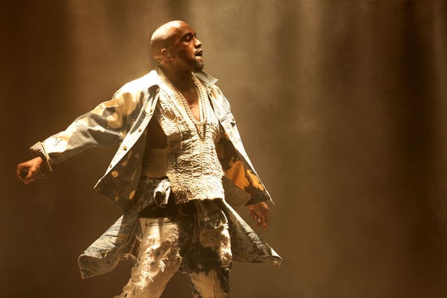 Kanye West performs on the Pyramid Stage at Glastonbury