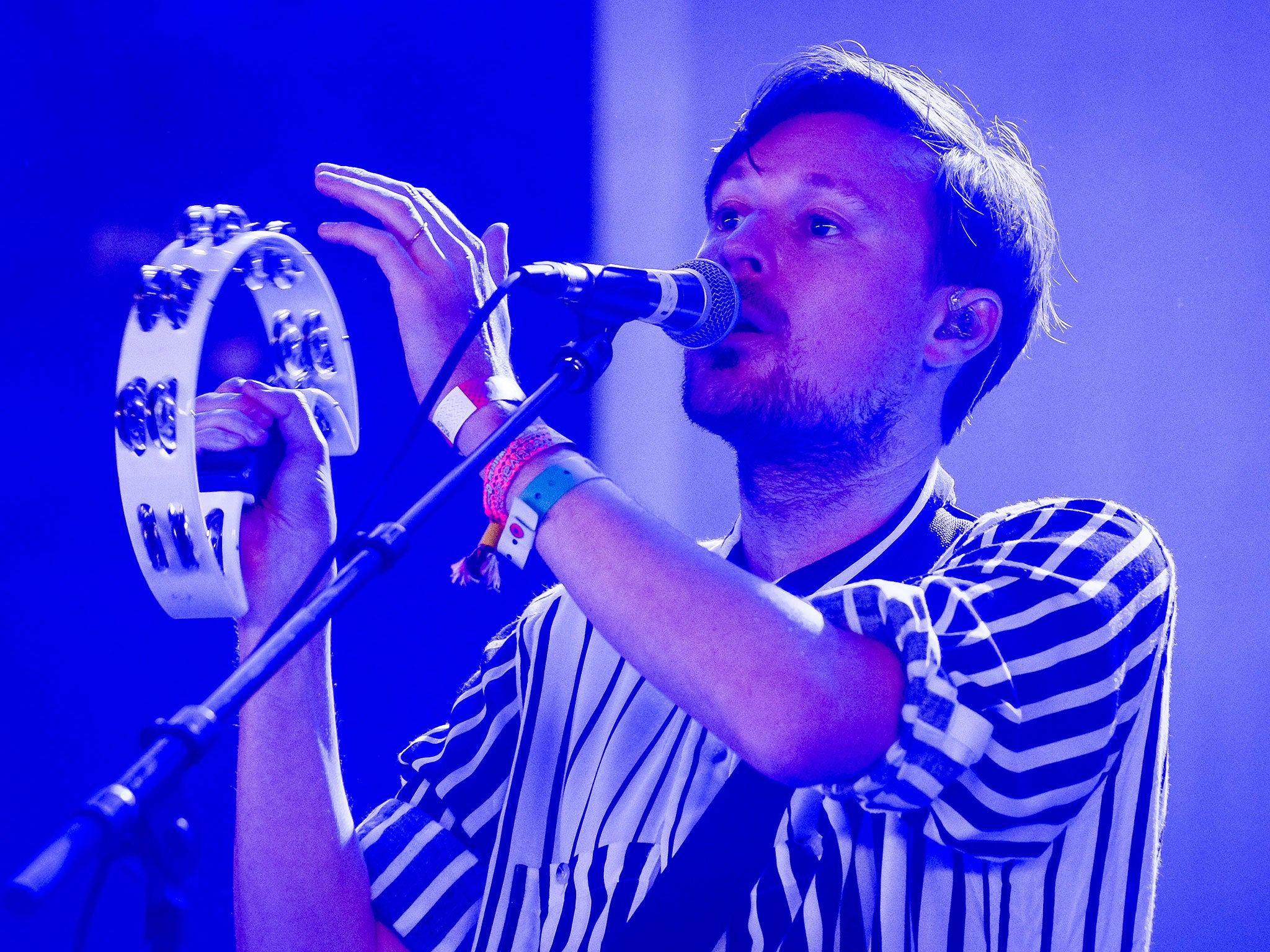 Vincent Neff, front man with Django Django, performs on the John Peel Stage at the Glastonbury Festival