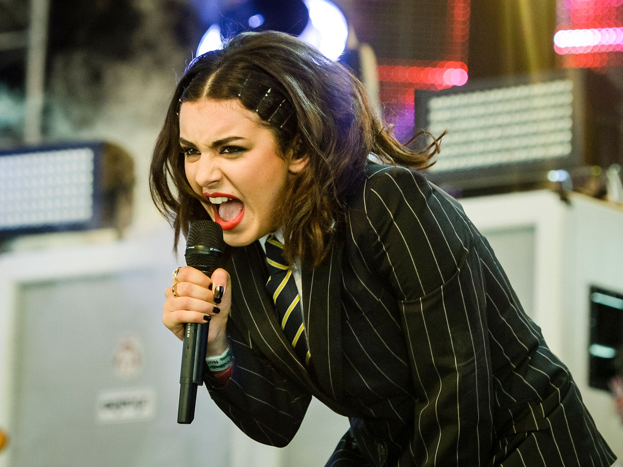 Charli XCX performing on the John Peel Stage at the Glastonbury Festival, at Worthy Farm in Somerset