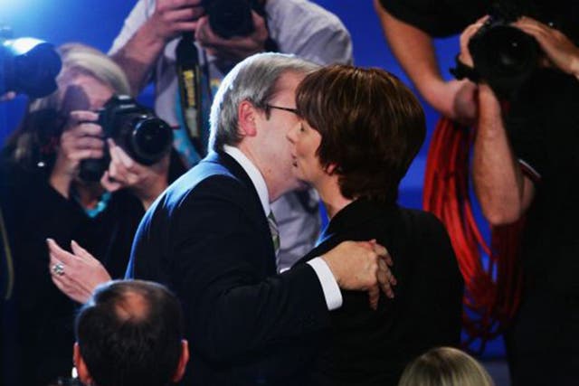 Kevin Rudd embraces his then deputy, Julia Gillard, in 2007, before the party came to power