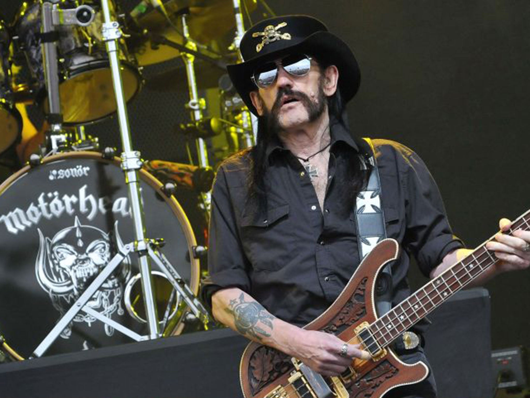 Lemmy Kilmister of Motorhead performs live on the Pyramid stage during the first day of the Glastonbury Festival