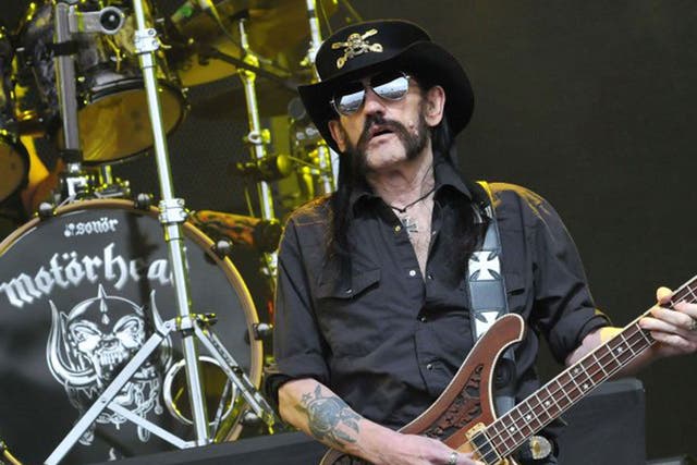 Lemmy Kilmister of Motorhead performs live on the Pyramid stage during the first day of the Glastonbury Festival