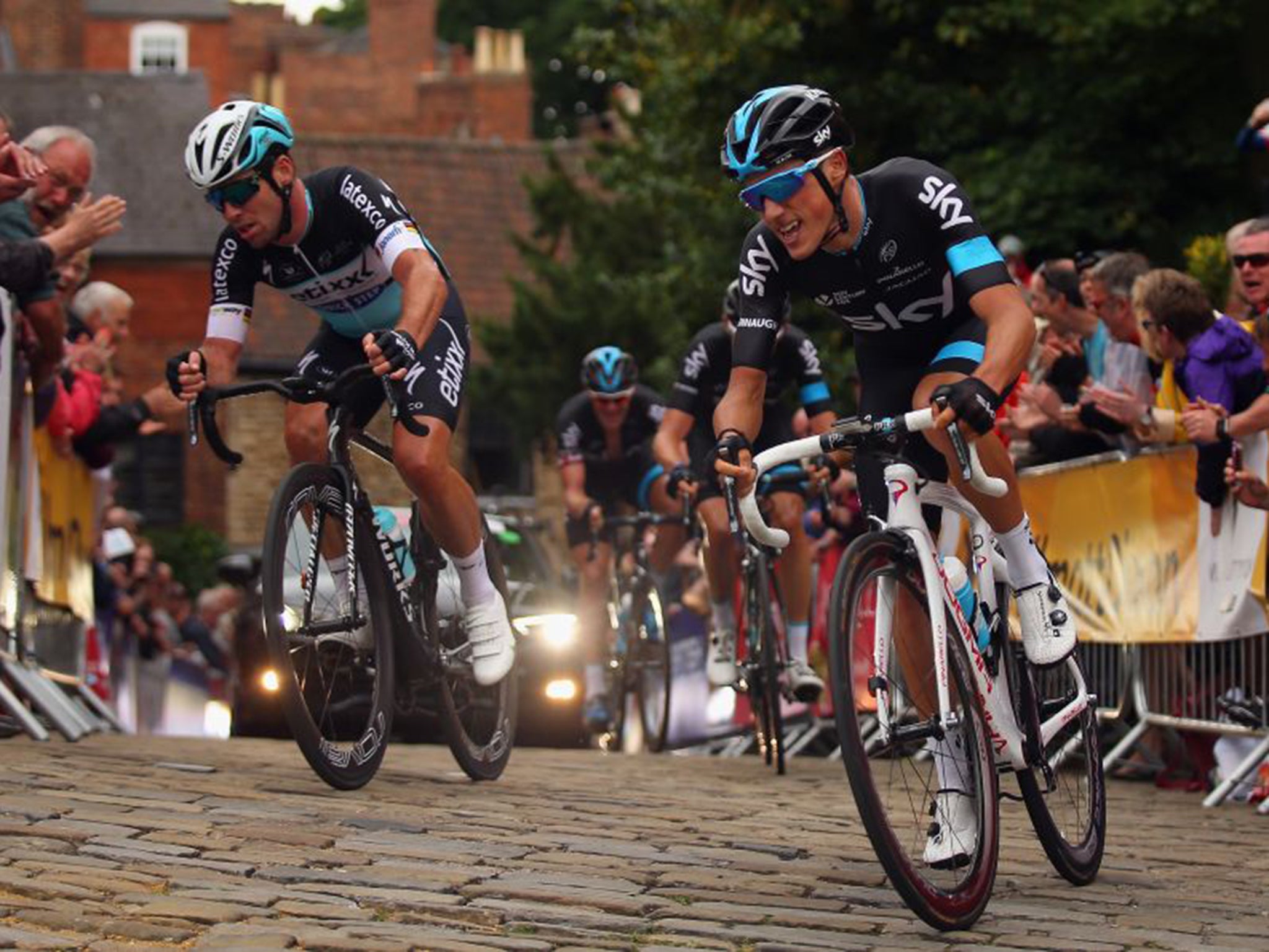 Pete Kennaugh, right, proves too strong for Mark Cavendish when taking the national road-race title in Lincoln