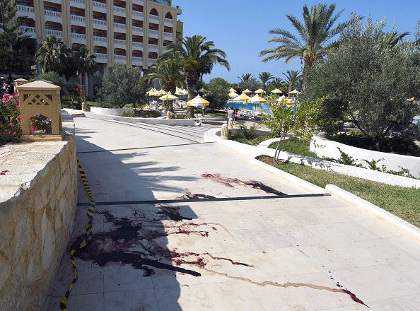 Blood stains cover the ground at the Imperial Marhaba Hotel in Sousse