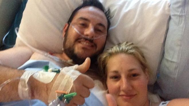 Sarea Wilson, right, with her fiancé, Matthew James, in hospital (via Facebook)