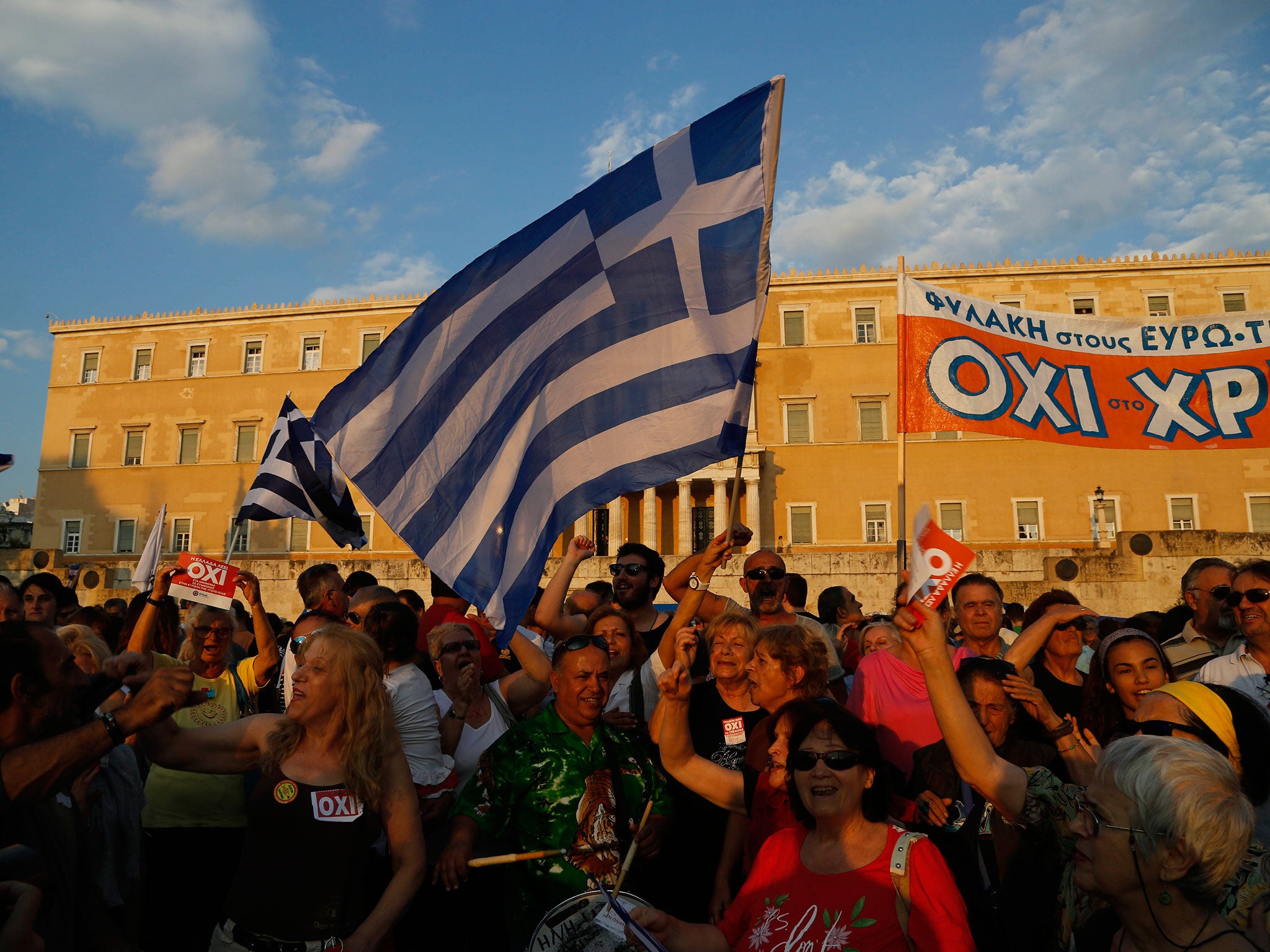 Supporters of a No vote in the upcoming referendum at a rally at Syntagma Square, Athens