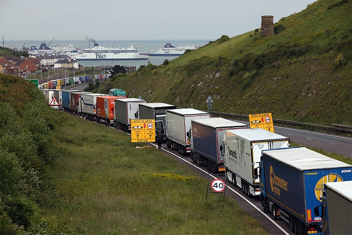 Operation Stack: lorries queue at the port of Dover on 23 June as workers blockade port at Calais in France
