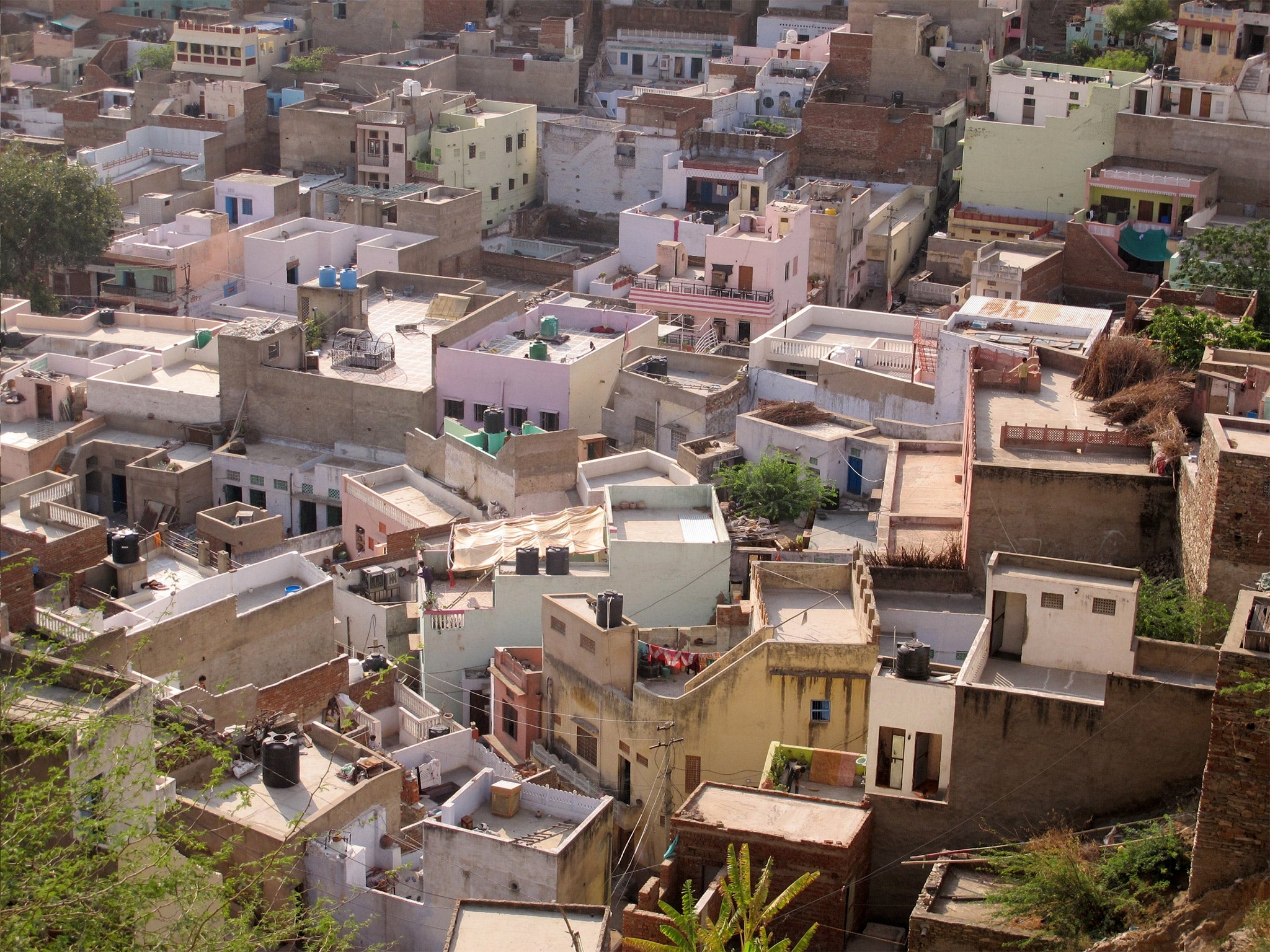 Illegal buildings and slums dot the city of Ajmer. Here, an aerial view of jumbled buildings