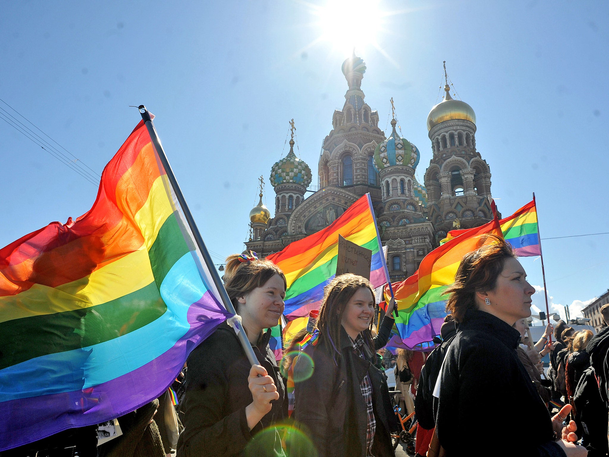 Gay rights activists march in St. Petersburg, Russia. File photo