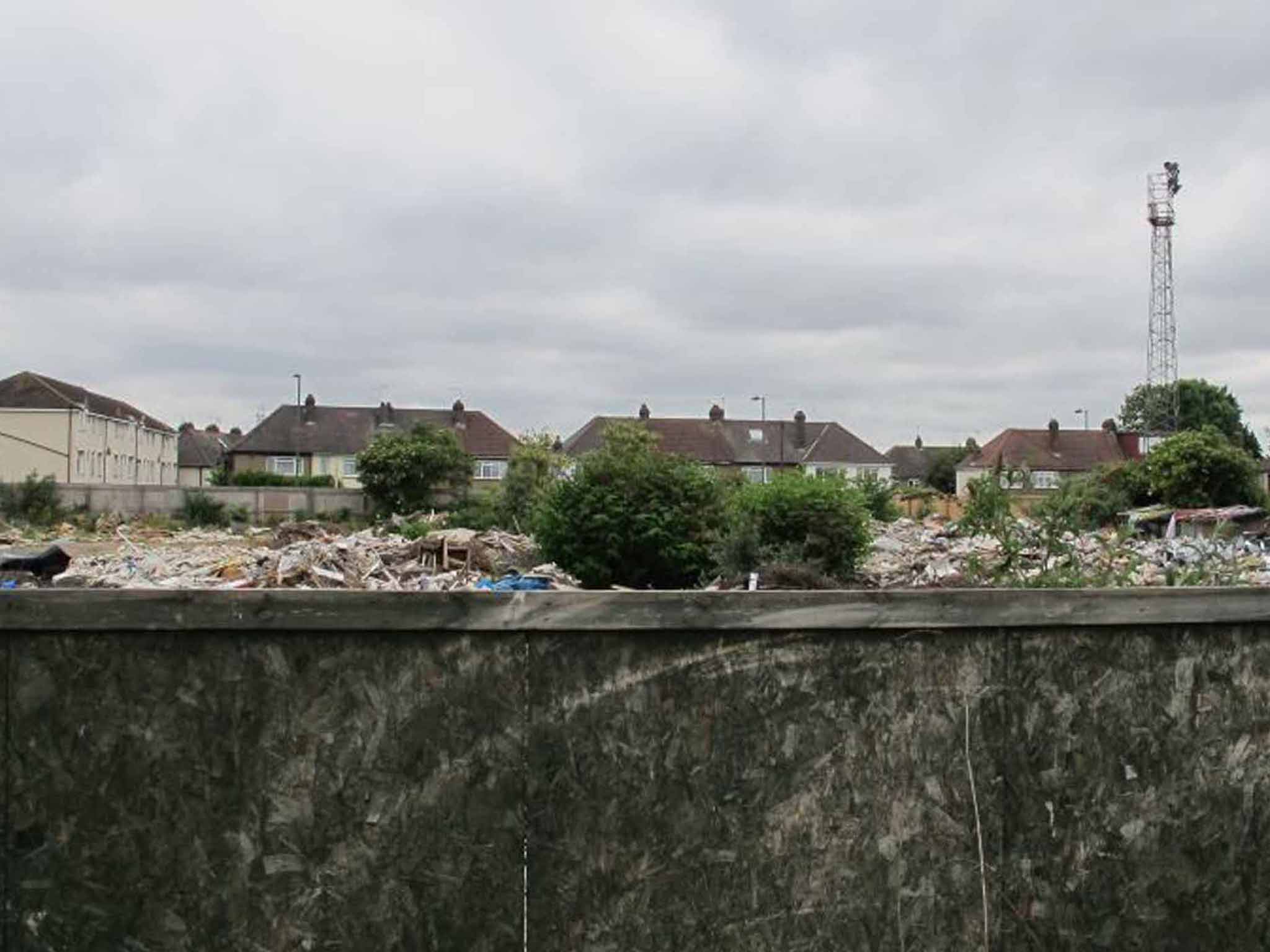 Rubbish on the site of the former football ground of Hendon FC, now a 'refugee camp'