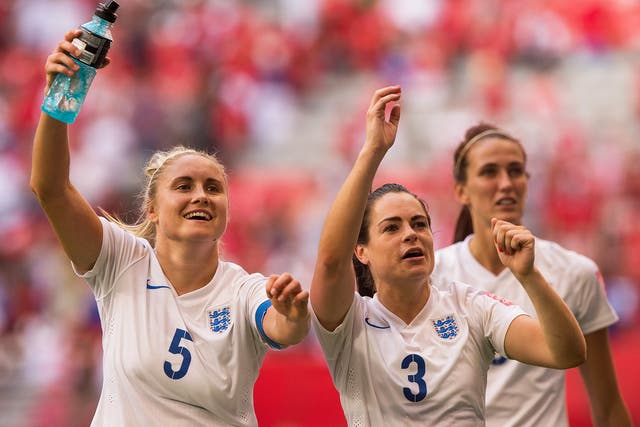 Steph Houghton and Claire Rafferty celebrate after England's victory over hosts Canada