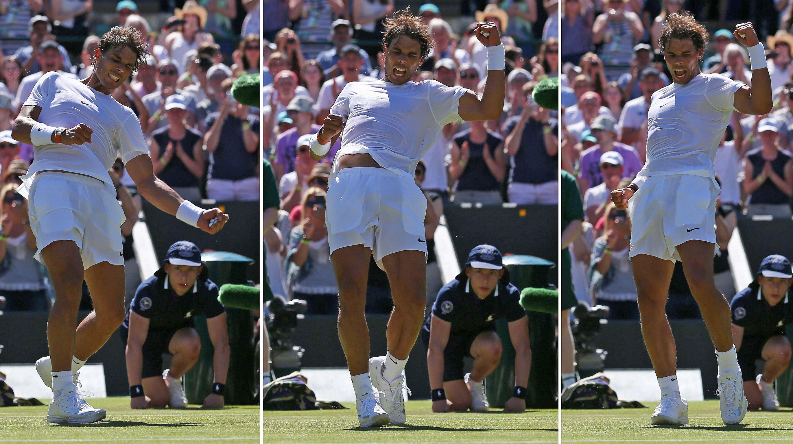 Rafael Nadal extravagantly celebrates his unconvincing first-round win over Thomaz Bellucci on Court No 1