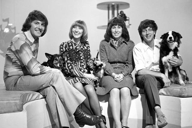 Blue Peter' presenters in 1972 (from the left) Peter Purves, Lesley Judd, Valerie Singleton and John Noakes with his dog 'Shep,