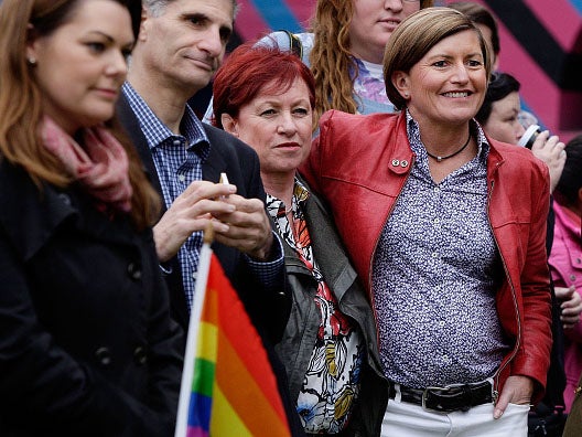 Christine Forster (right) with her fiancee Virgina Edwards at the equal marriage rally in Sydney in March