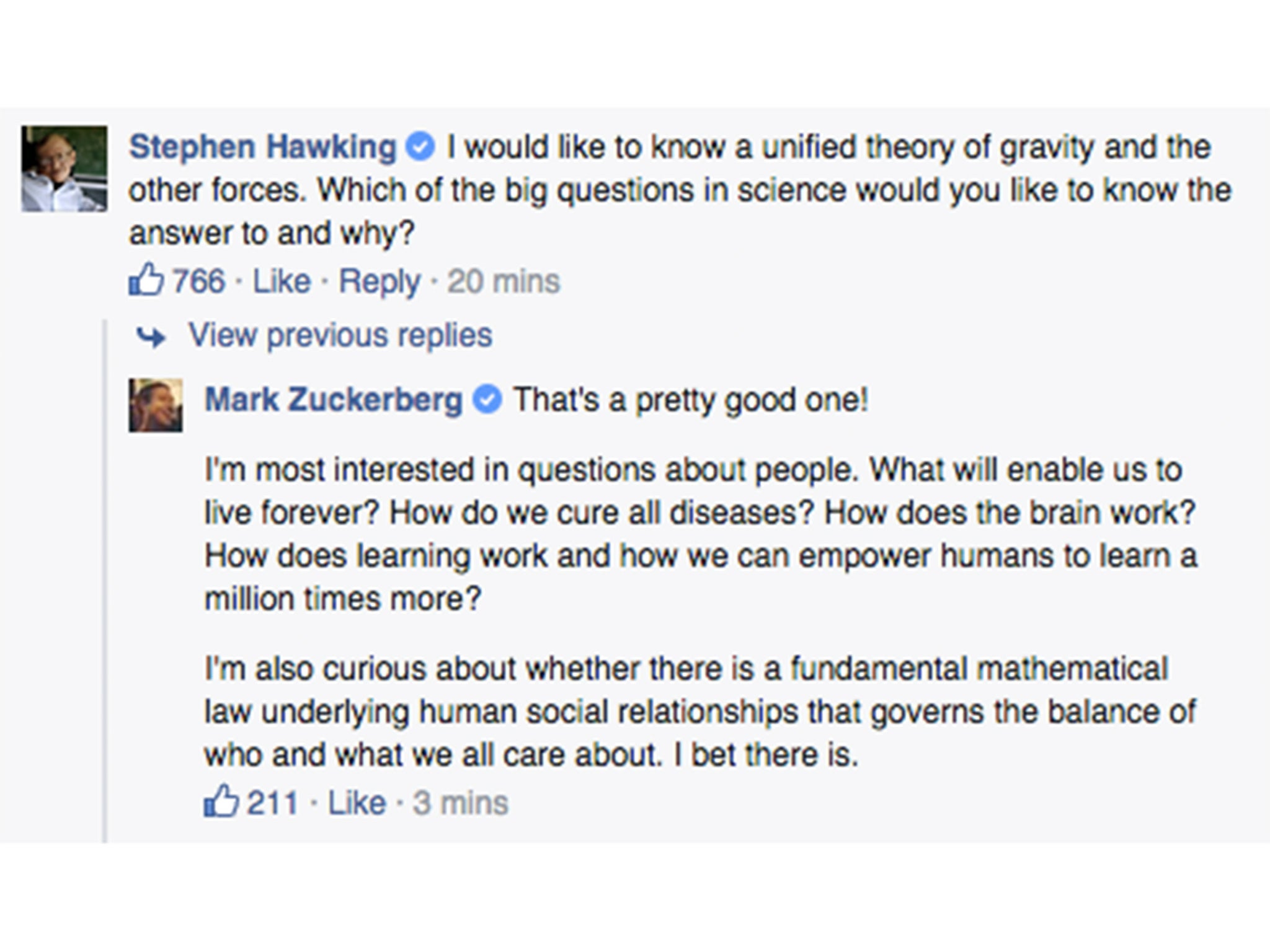 Mark Zuckerberg talks with Stephen Hawking during Facebook Q&amp;A