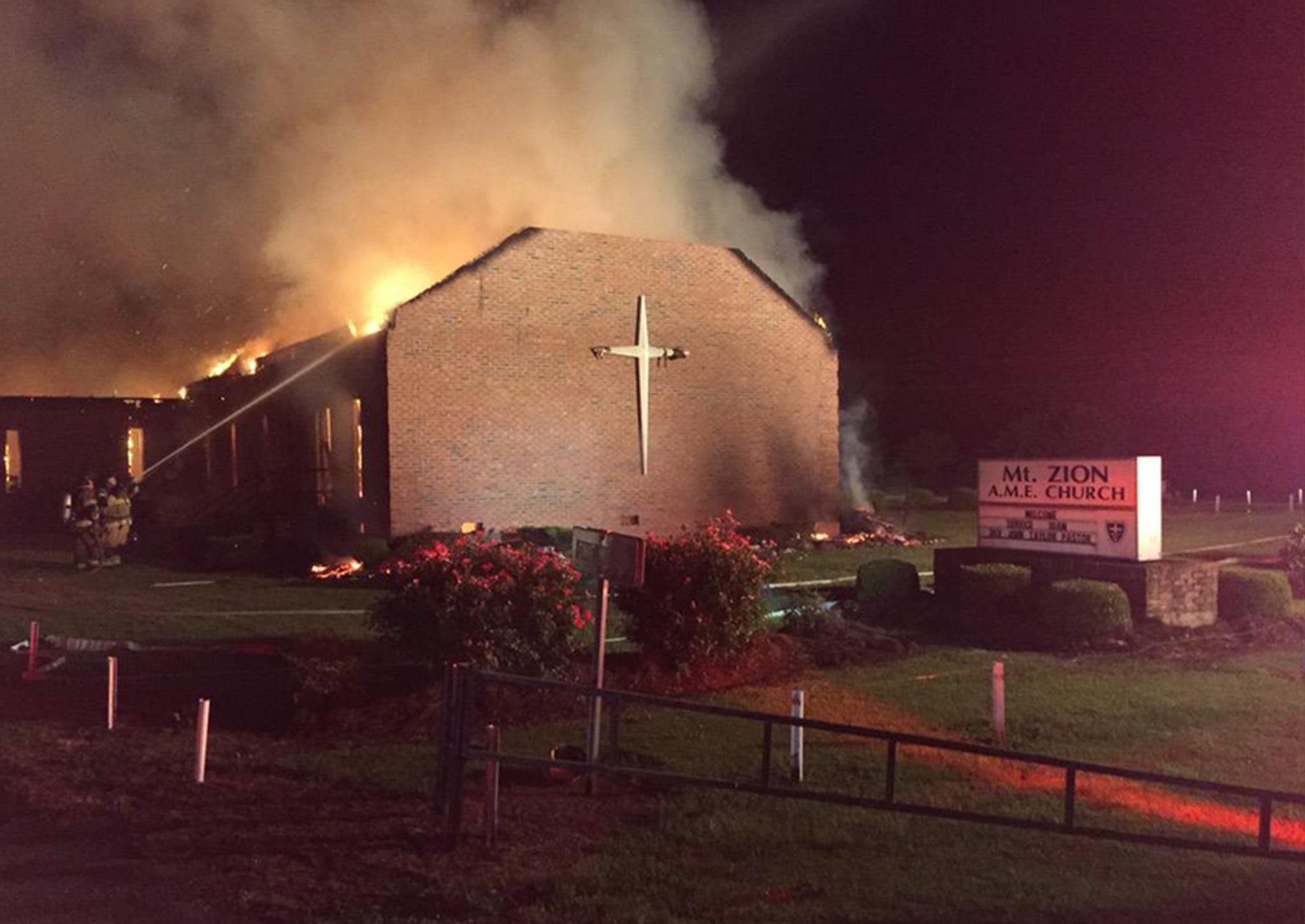 A church in South Carolina burns after a fire breaks out on June 30, 2015