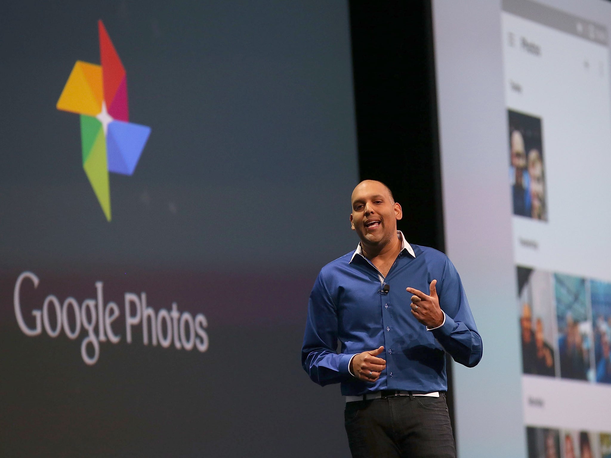 Google Photos director Anil Sabharwal announces Google Photos during the 2015 Google I/O conference on May 28, 2015 in San Francisco, California