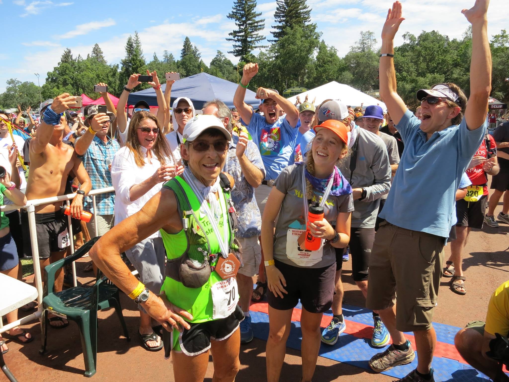 Gunhild Swanson at the finish line with her legion of fans