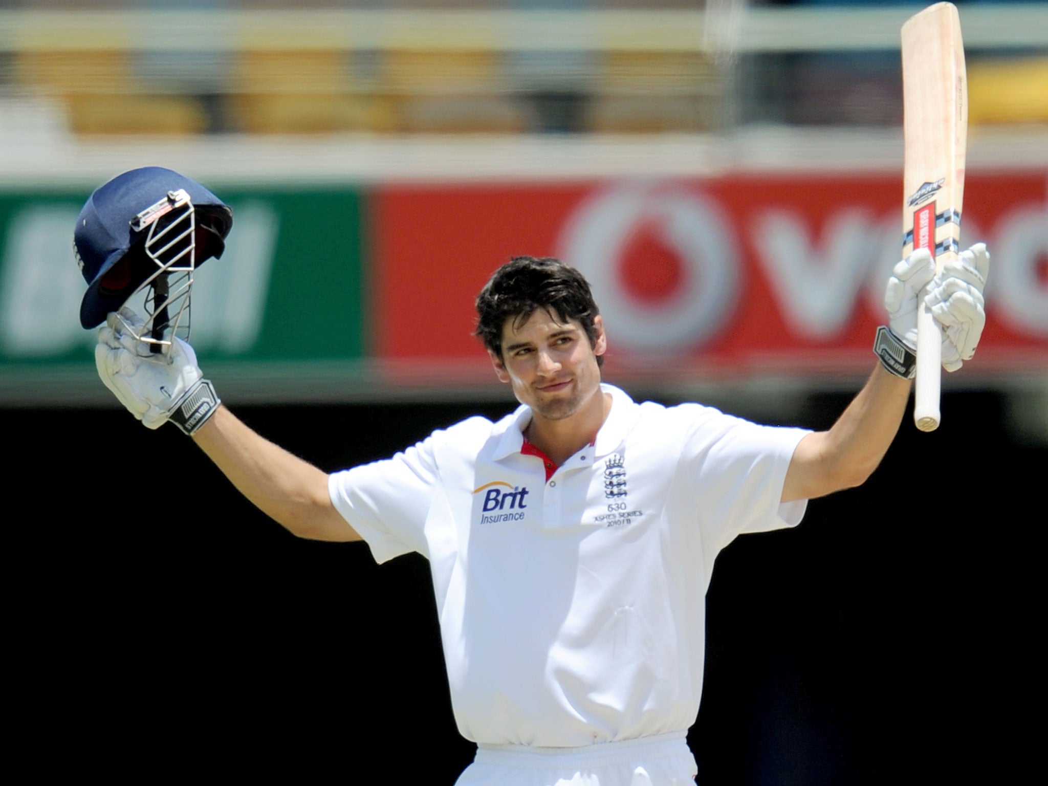 Alastair Cook celebrates reaching his double century at Brisbane on his way to 235 not out in a drawn Test. He goes on to score 766 runs in the series.