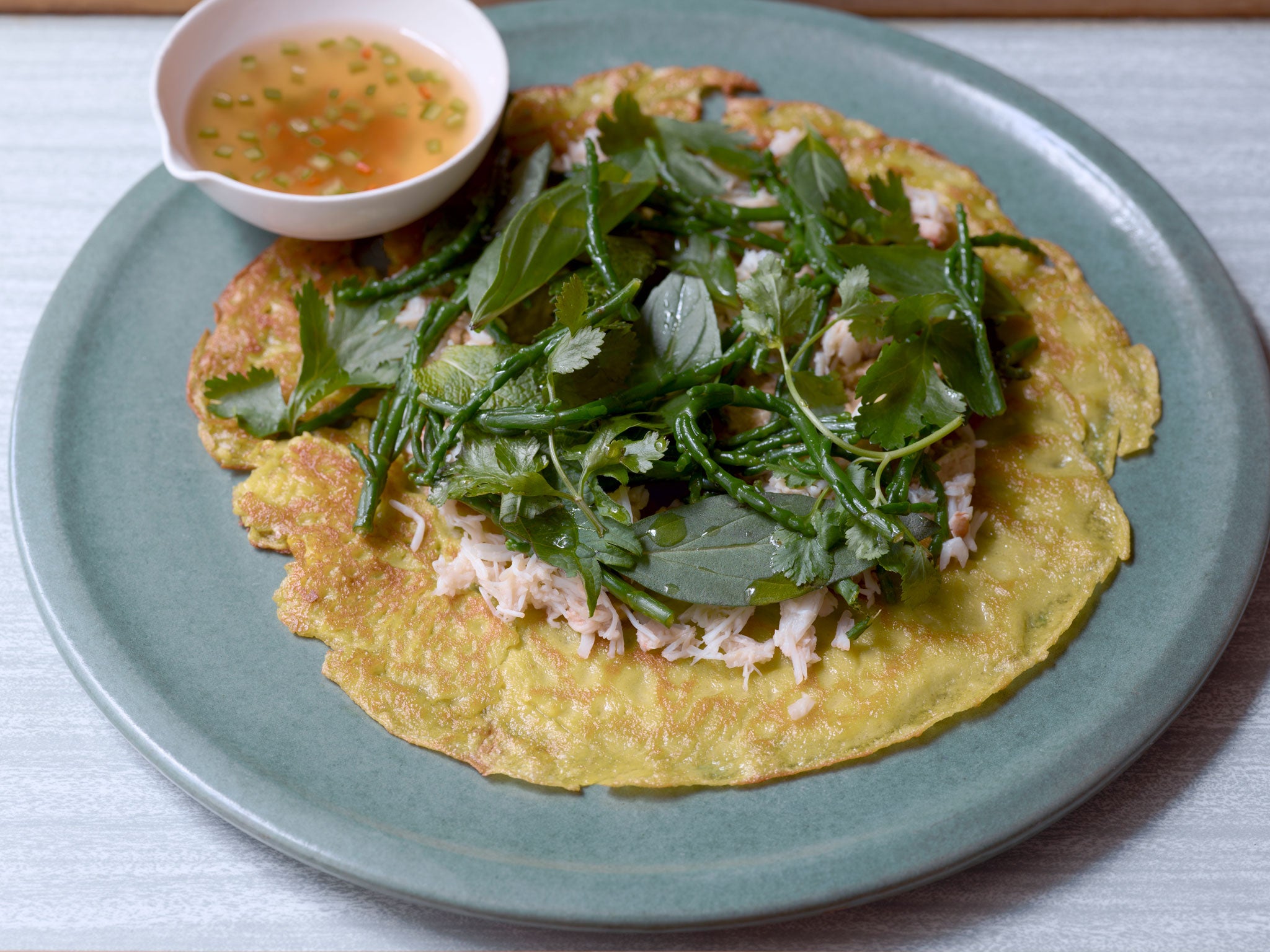 Vietnamese crêpes with crab and samphire