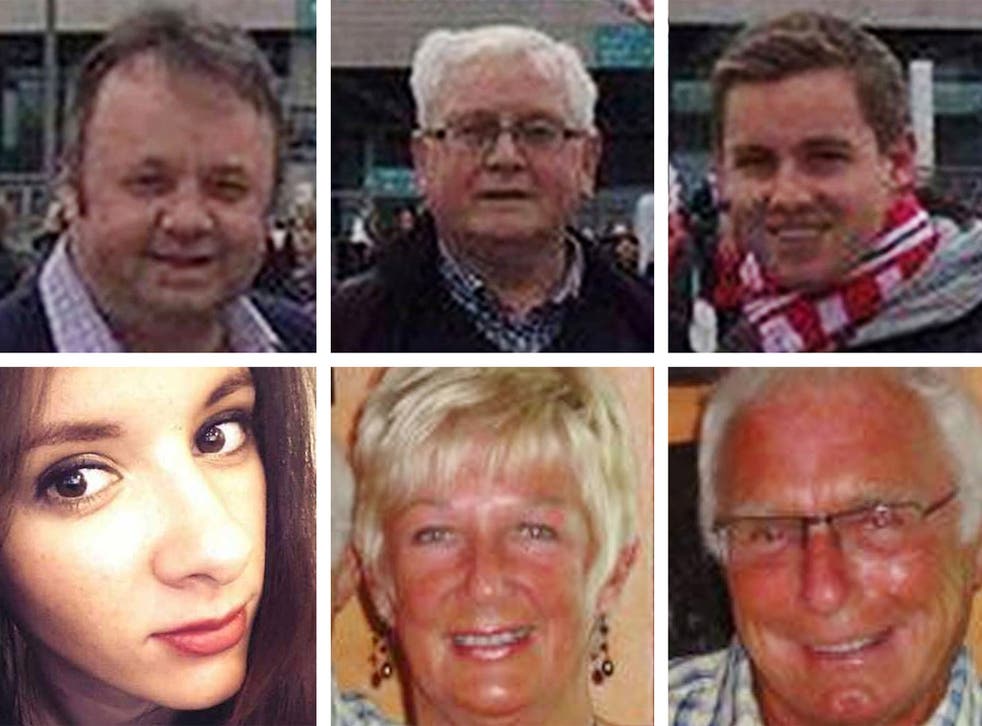 Six of the British victims of the Tunisia beach massacre who have been returned to the UK. Top row from left: Adrian Evans, Patrick Evans and Joel Richards. Bottom row from left: Carly Lovett, Elaine and Denis Thwaites
