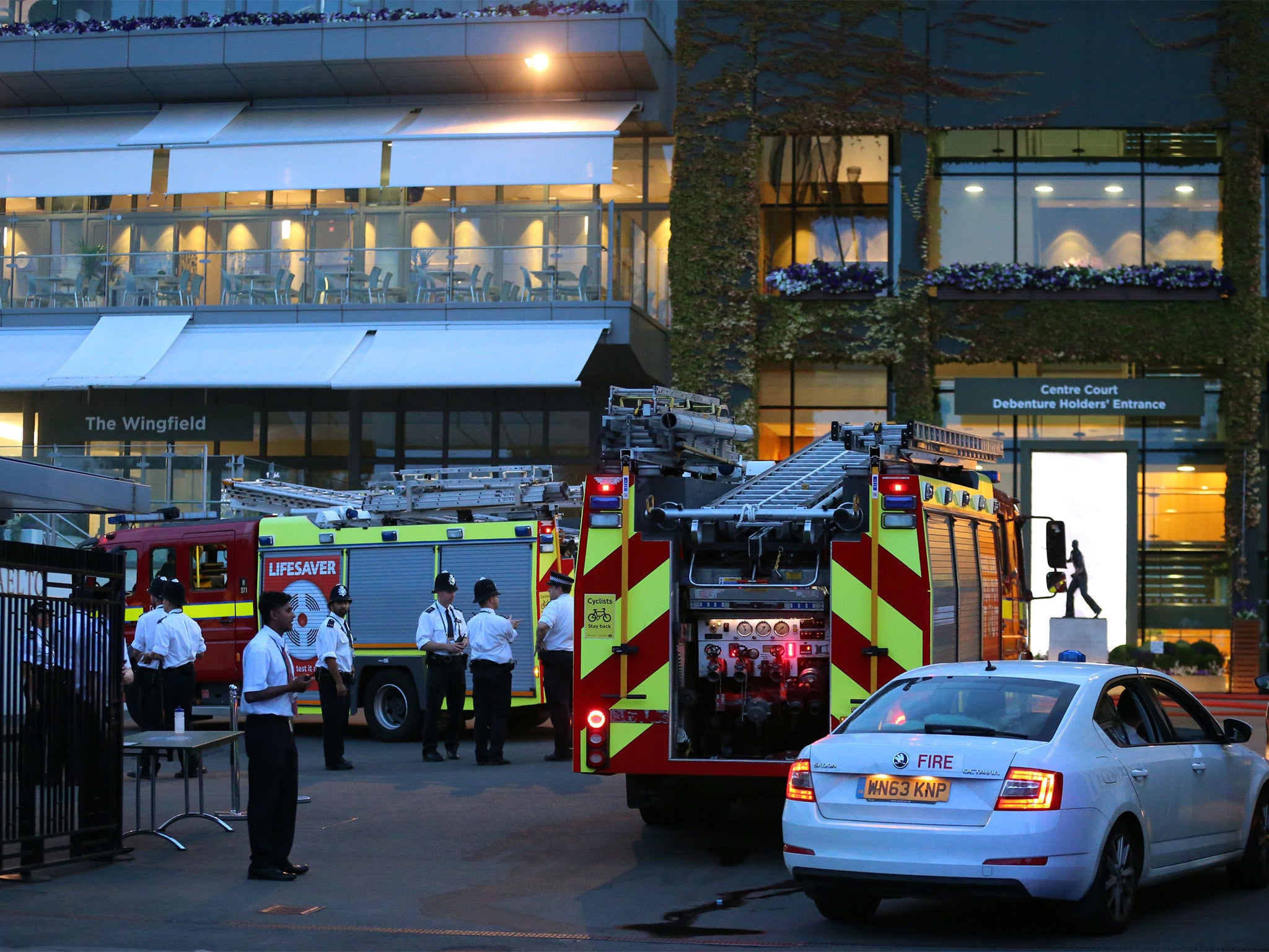 Fire engines outside Wimbledon following the evacuation of centre court
