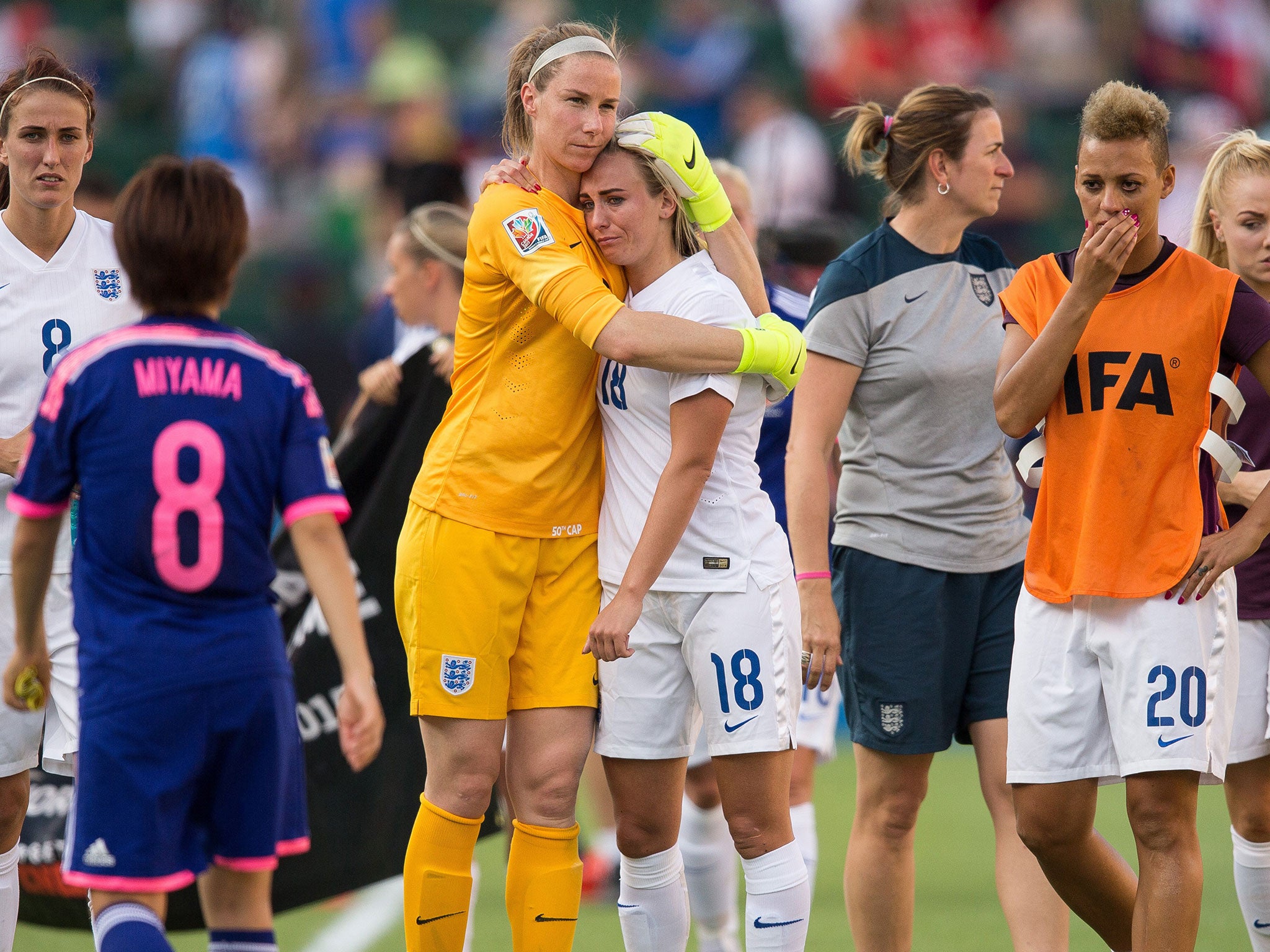 Karen Bardsley consoles Laura Bassett after her injury-time own goal
