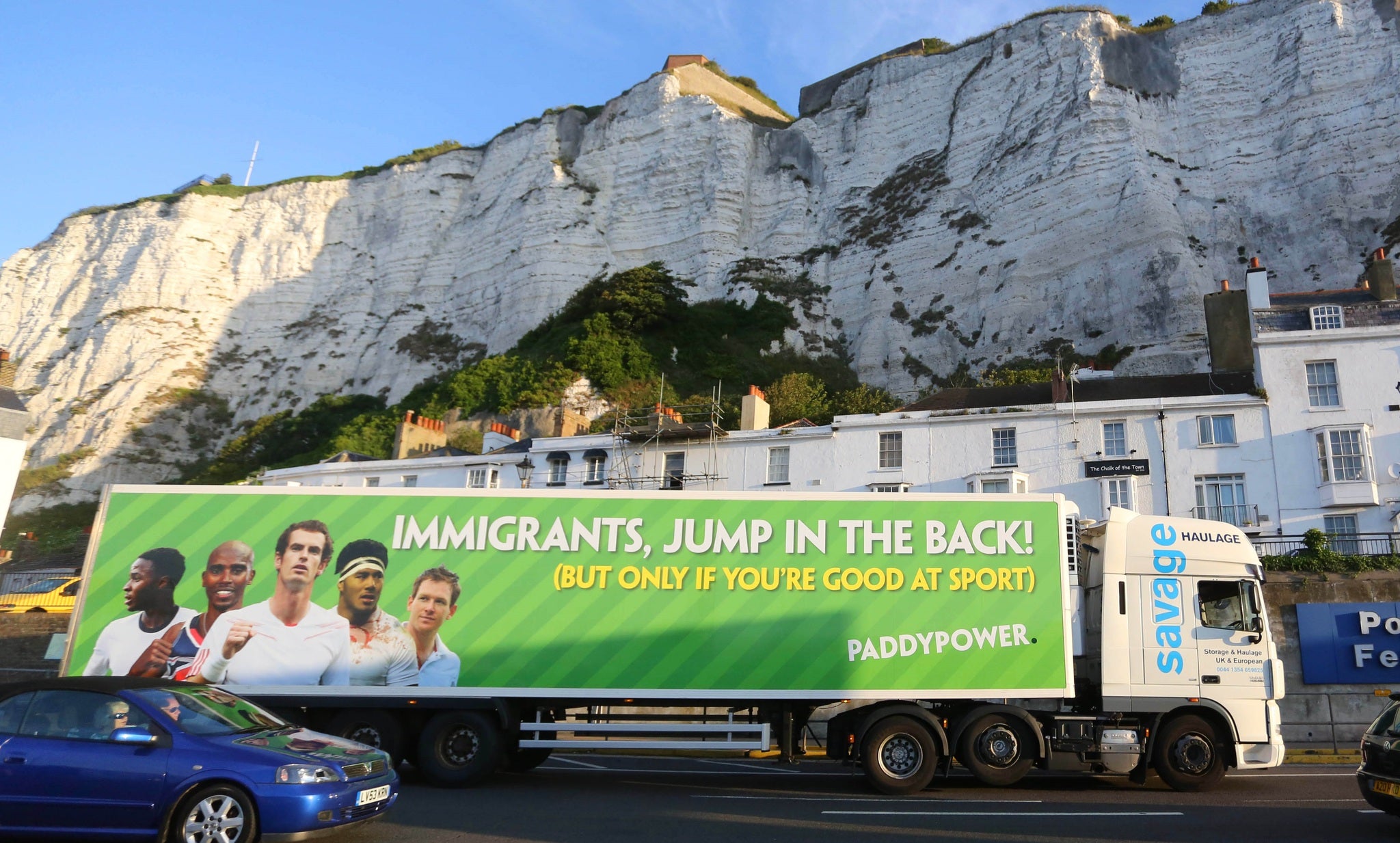Paddy Power shows off its latest publicity stunt in front of the cliffs of Dover