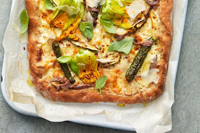 Courgette, anchovy, potato and mozzarella pizza