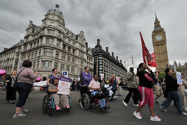 Protests in London against changes to disability benefit in 2013