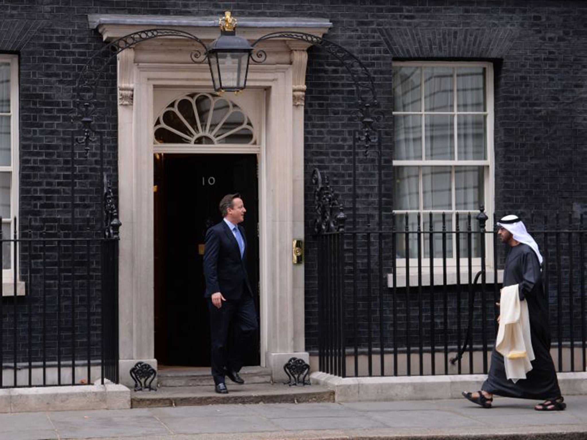 David Cameron greeted Crown Prince Mohammed bin Zayed Al Nahyan of Abu Dhabi on Thursday, ahead of talks at 10 Downing Street