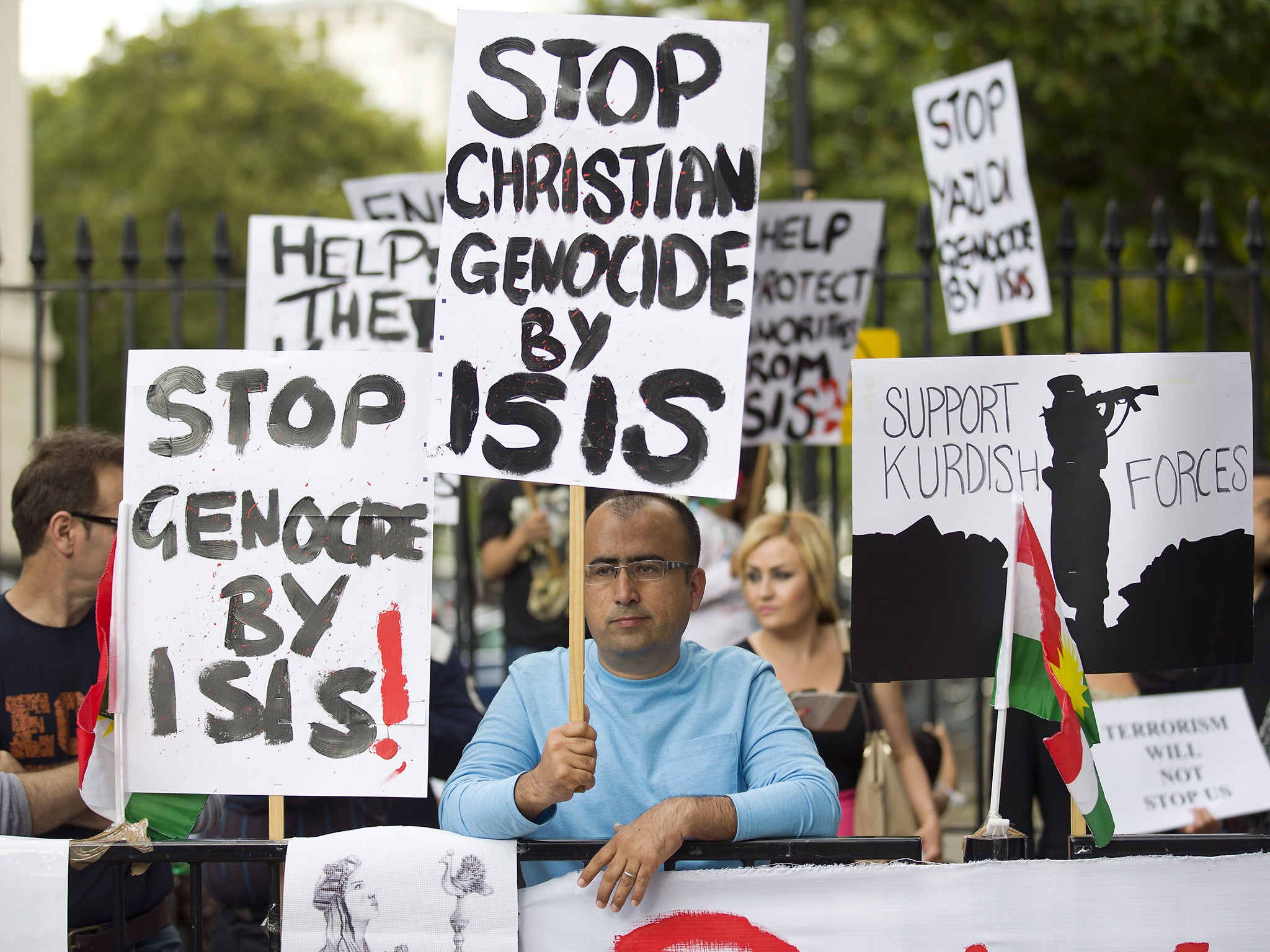 A protest in demonstration against the killing of Yazidis by Islamic State outside Downing Street last year. The government has indicated that it is considering calling for a vote on military action in Syria.