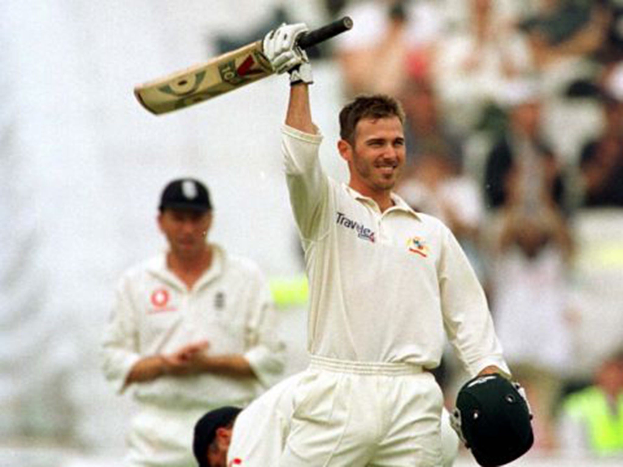 Damien Martyn celebrates his maiden Test century against England in 2001