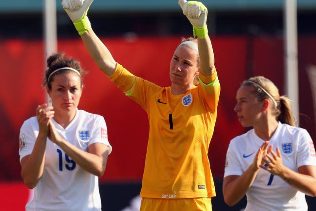 Jodie Taylor, Karen Bardsley and Jordan Nobbs applaud the crowd after England's World Cup defeat