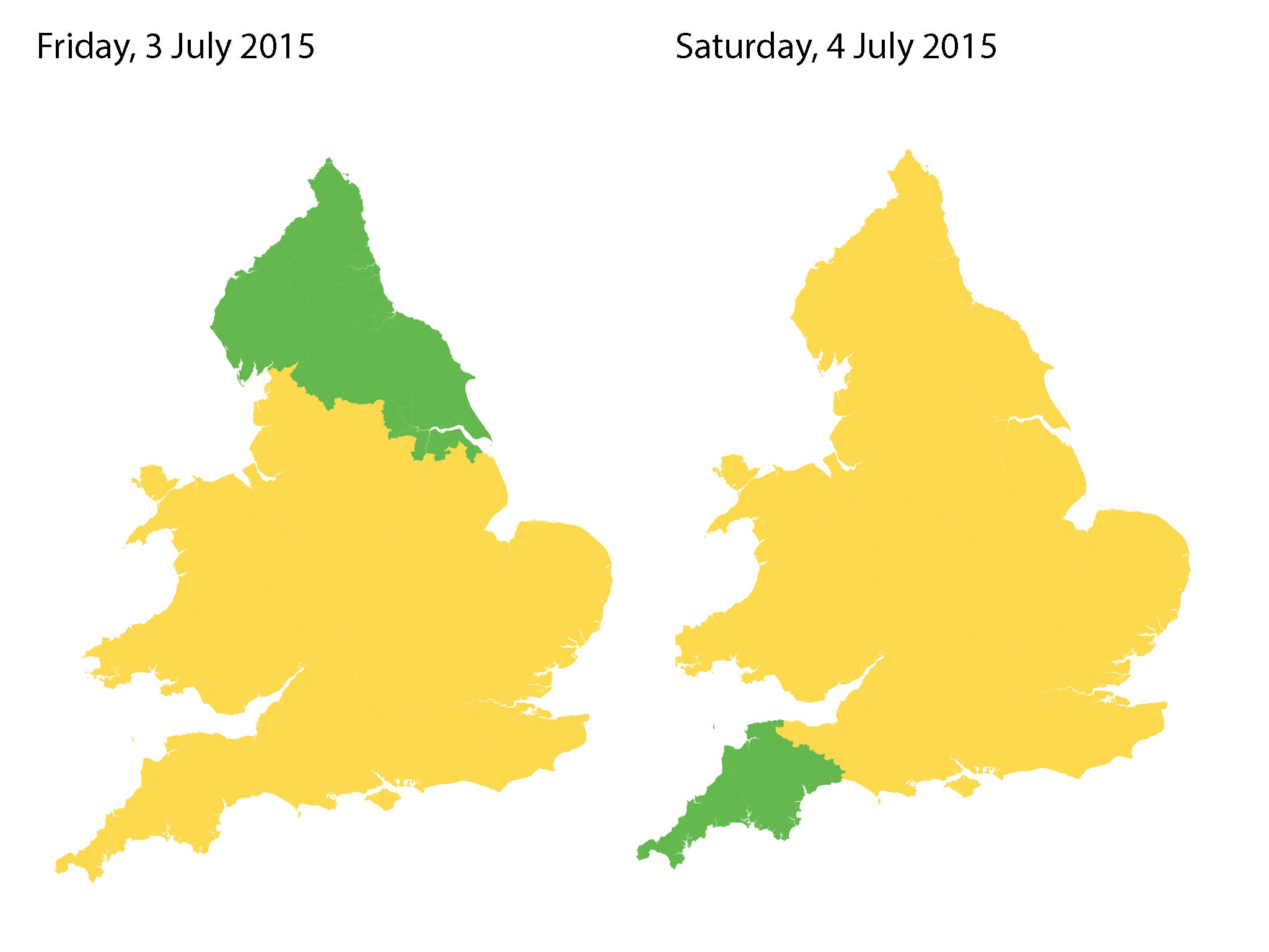 Flood forecasts for today and tomorrow from the Environment Agency. Green areas denote 'very low risk', yellow denote a 'low risk'.