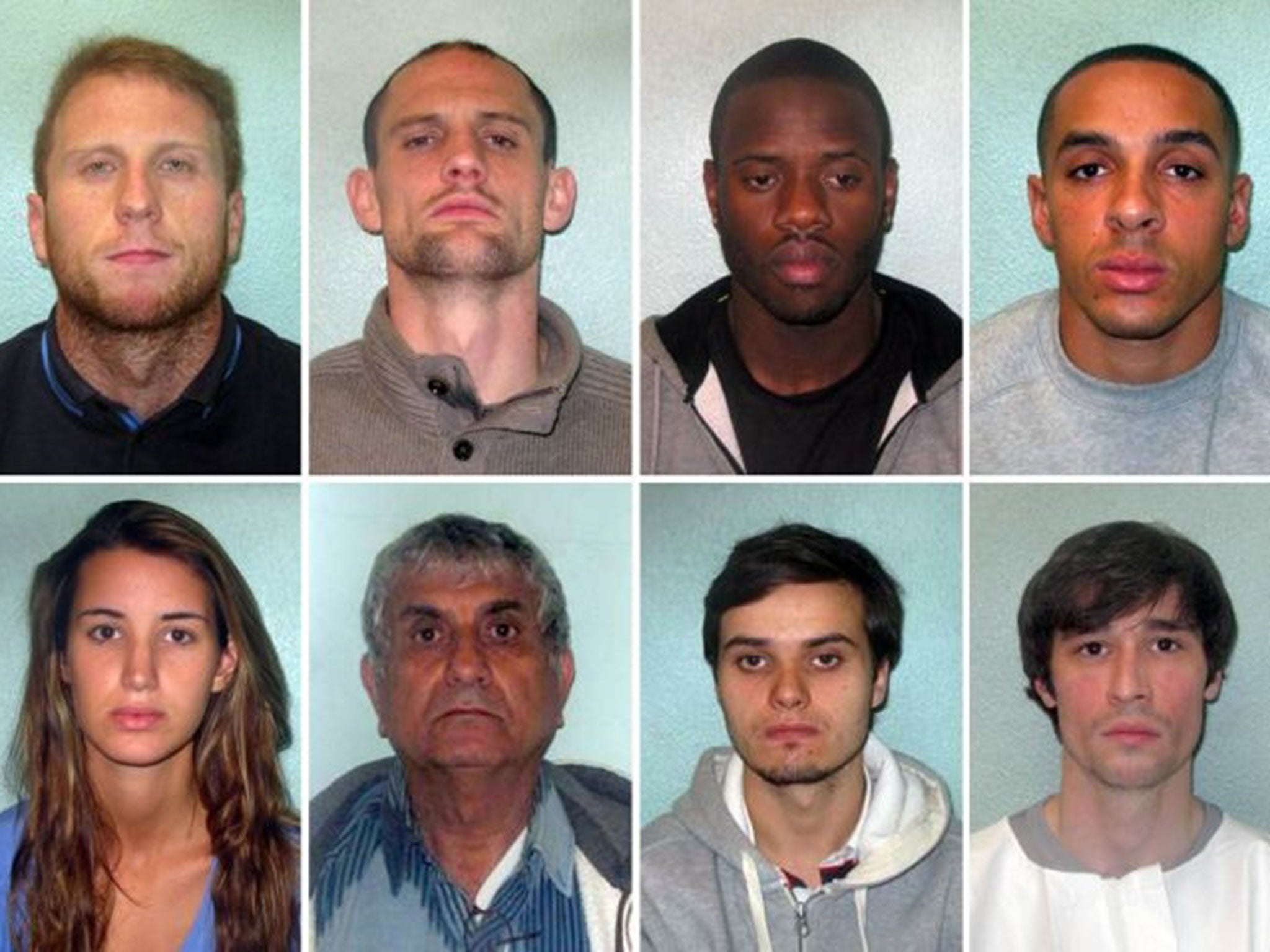 (Top row, from the left) Reece Dunford, David Mays, Vincent Kamara, Danny St Luce and (bottom row, from left) Hollie Dowding, Yair Cohen, Patrick Spencer O'Brien and Boz Burbridge, a gang of robbers who have been convicted after they were involved in a st