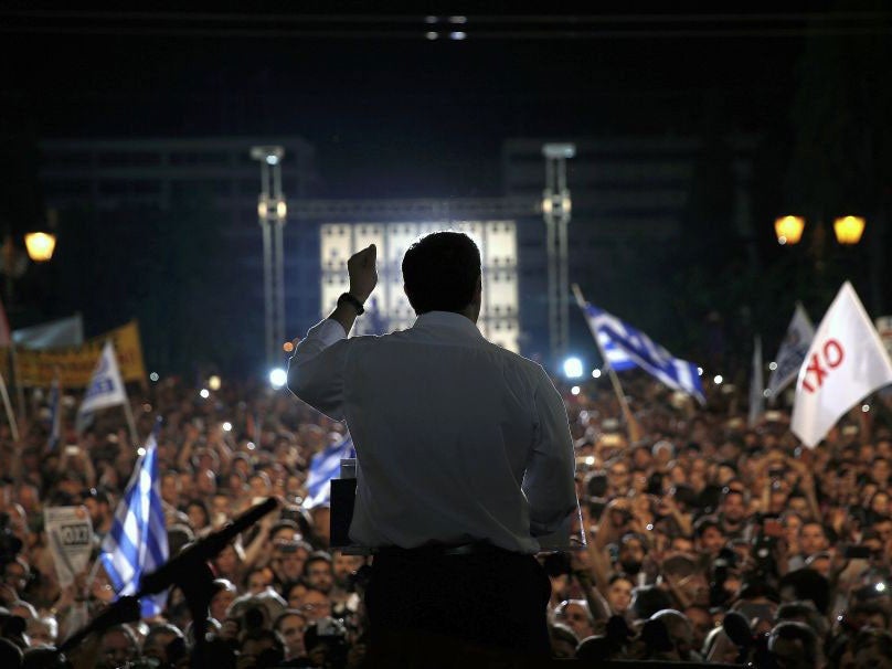 Greek Prime Minister Alexis Tsipras addresses a crowd of 25,000 'No' supporters in Athens' Syntagma Square