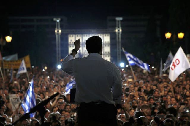 Greek Prime Minister Alexis Tsipras addresses a crowd of 25,000 'No' supporters in Athens' Syntagma Square (Reuters)