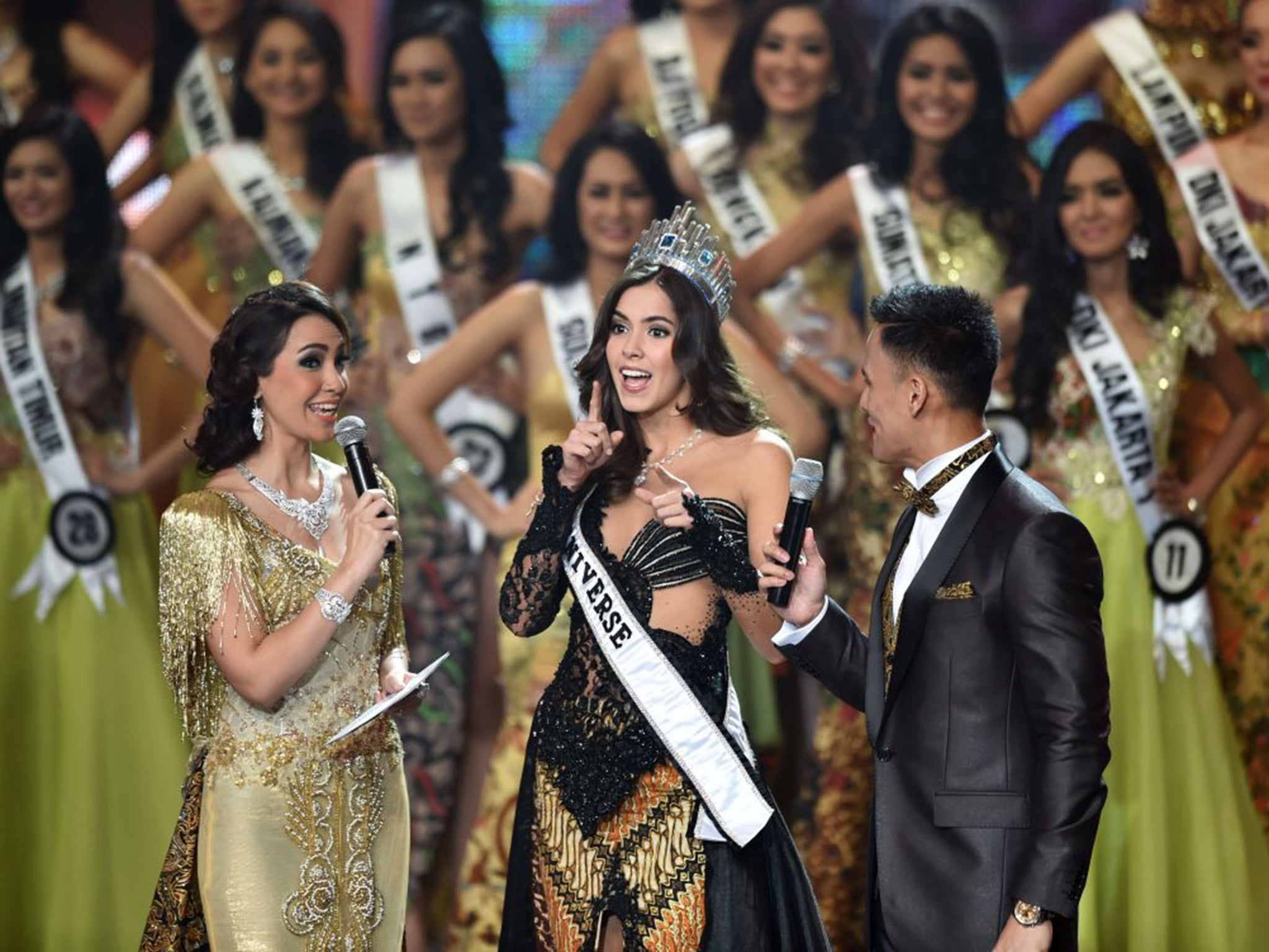 The reigning Miss Universe, Paulina Vega of Columbia (centre) called Mr Trump’s comments ‘unjust and hurtful’